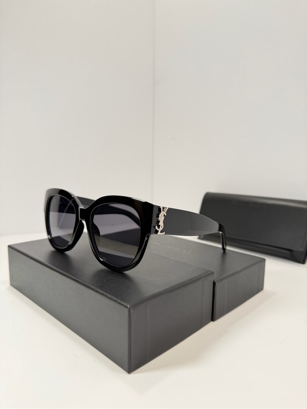 Saint Laurent Glossy Black Cat-Eye Sunglasses with Silver YSL Accent